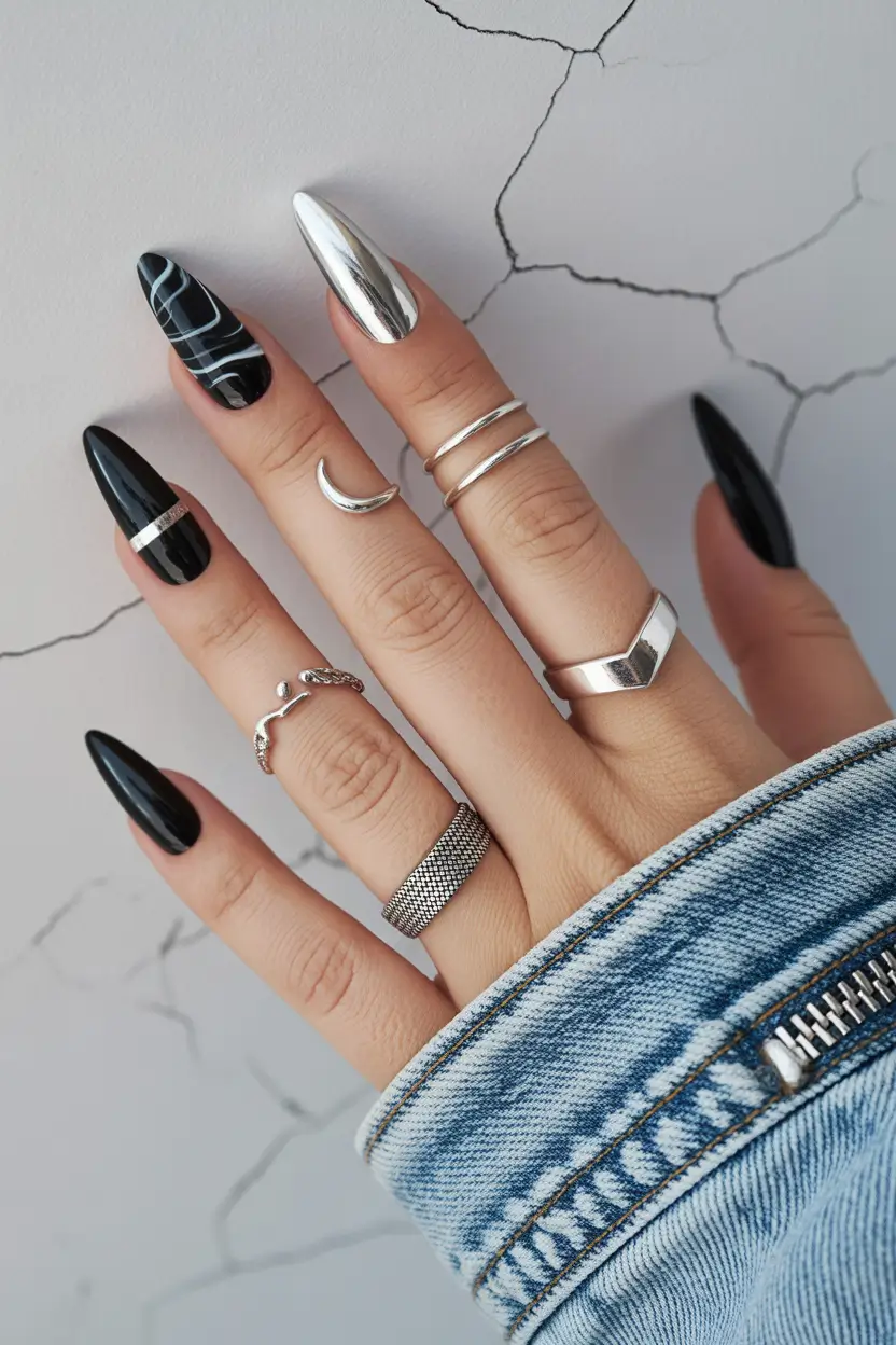 dark winter nails Cosmic Silver Drama