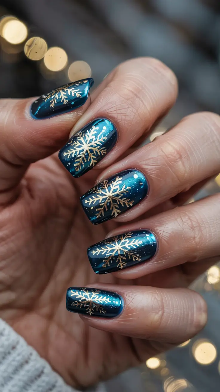 dark winter nails Golden Snowflake Glam