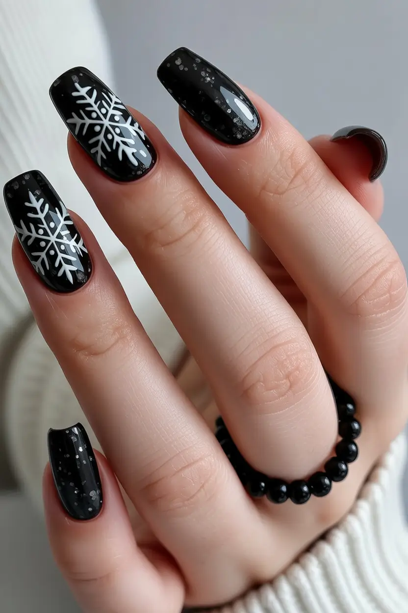black christmas nails Classic Snowflake Elegance