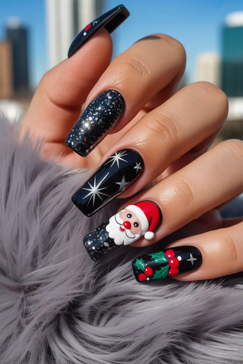 black christmas nails Santa and Holly Delight