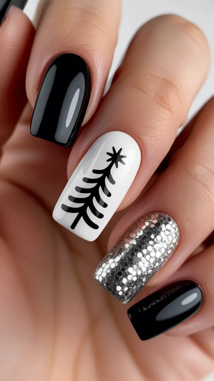 black christmas nails Modern Monochrome Tree