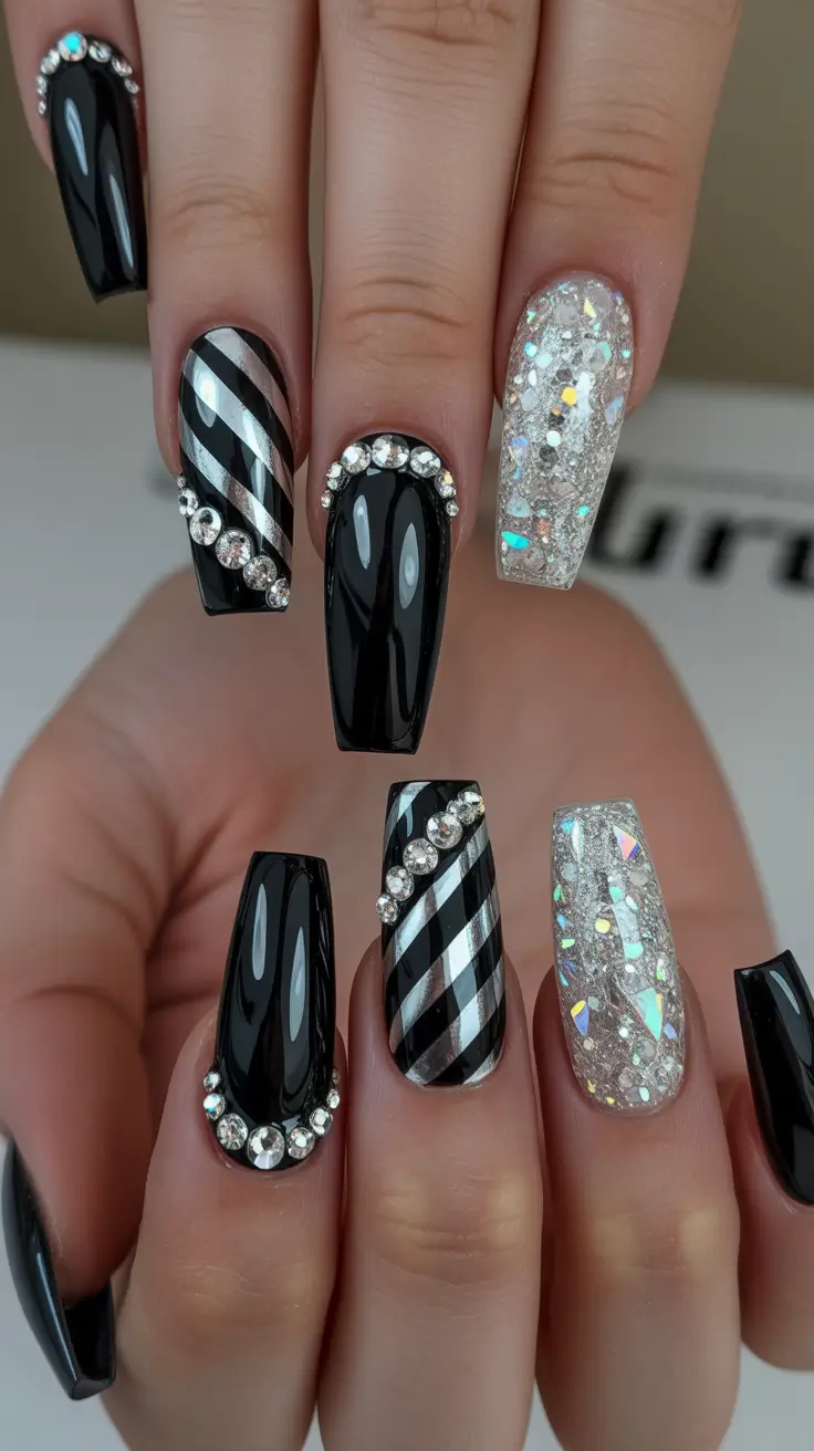 black christmas nails Striped Opulence and Shine