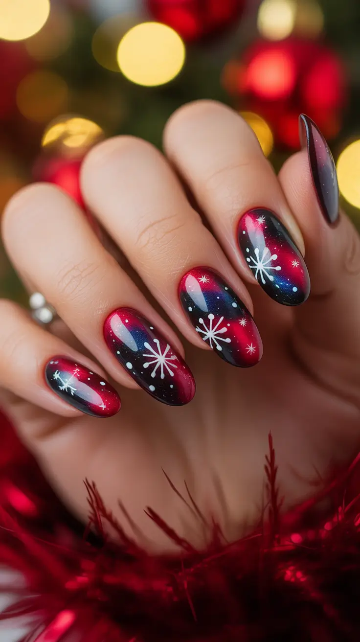 christmas nails Galaxy Snowfall in Red and Black