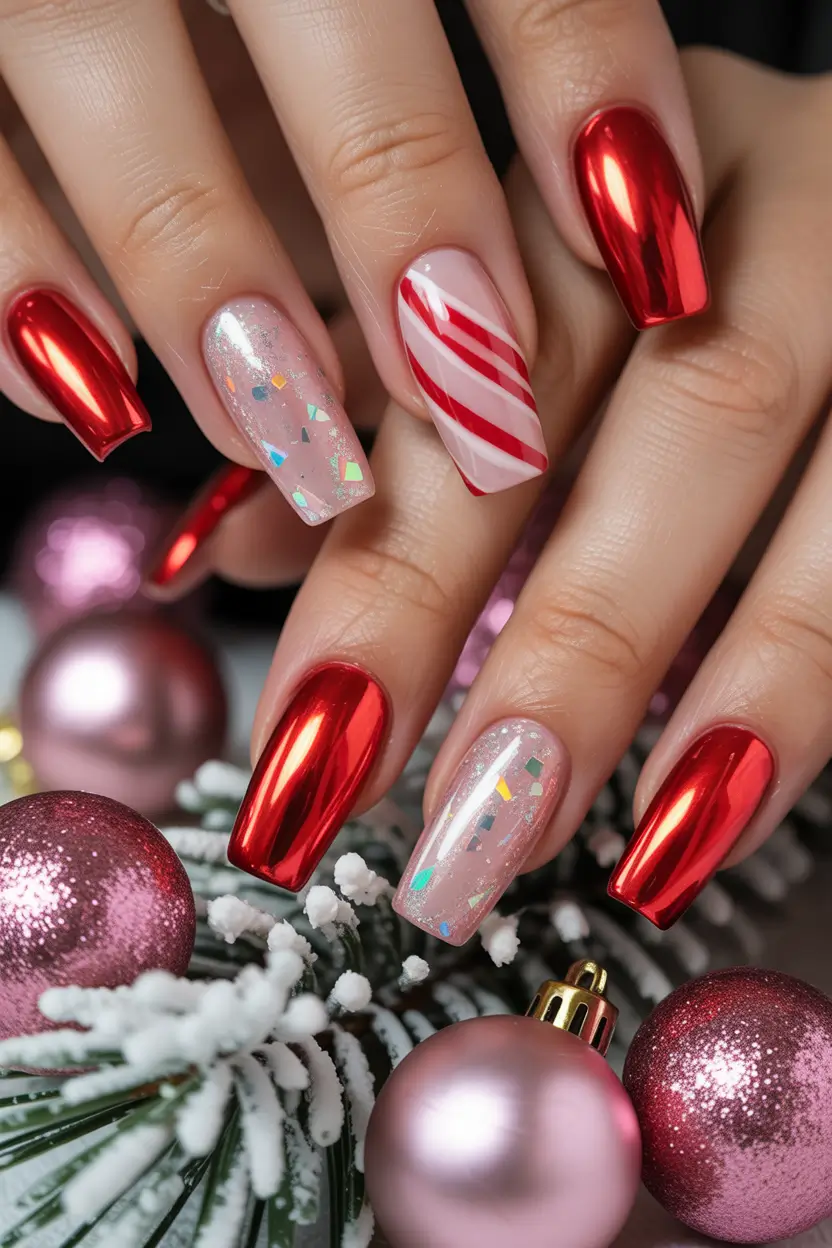 christmas nails Red Chrome Candy Magic