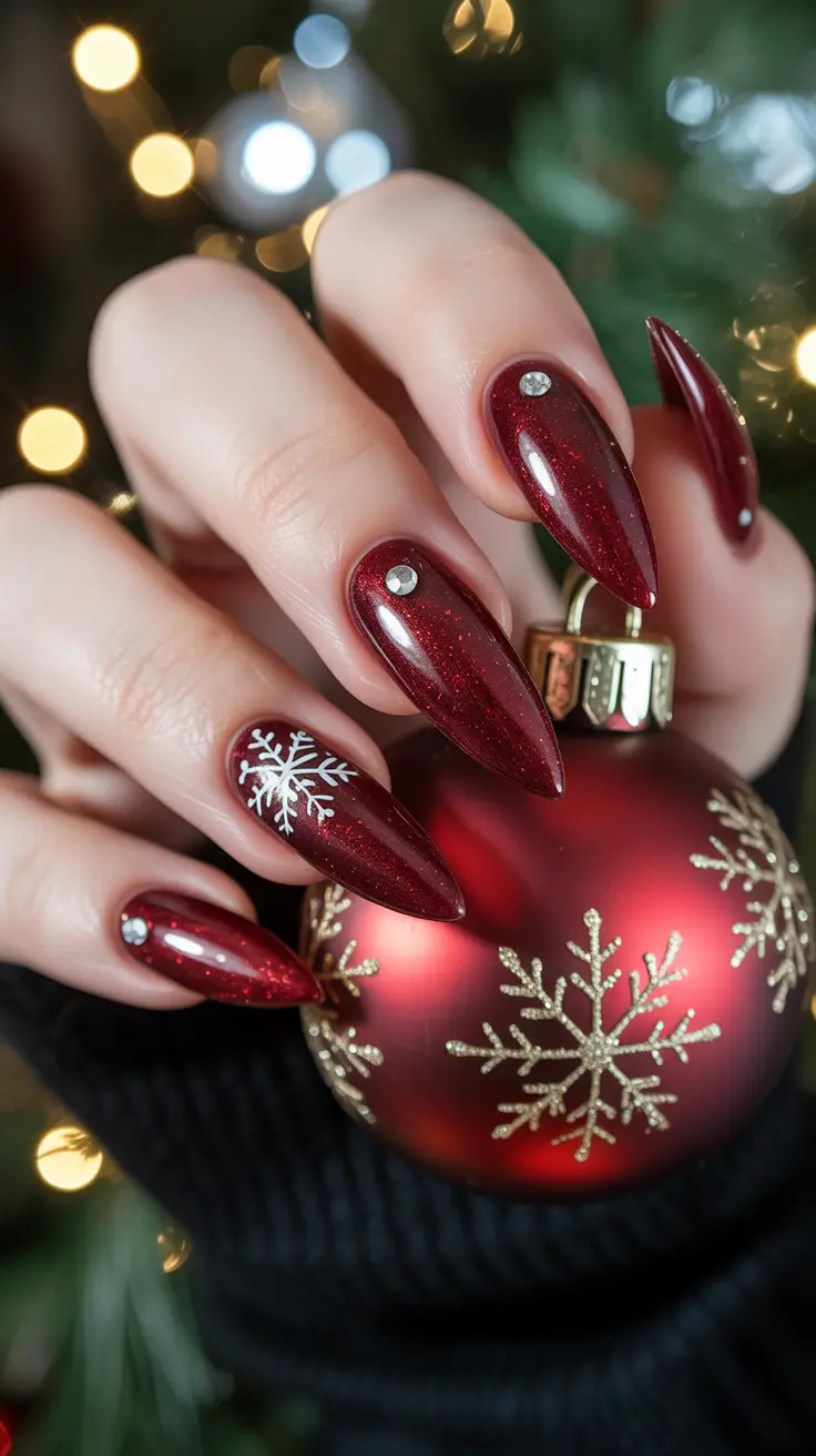 christmas nails Deep Burgundy Glam with Snowflake Accents