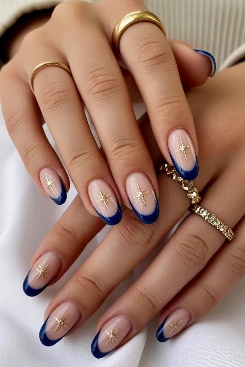 christmas nails Blue French with Golden Stars