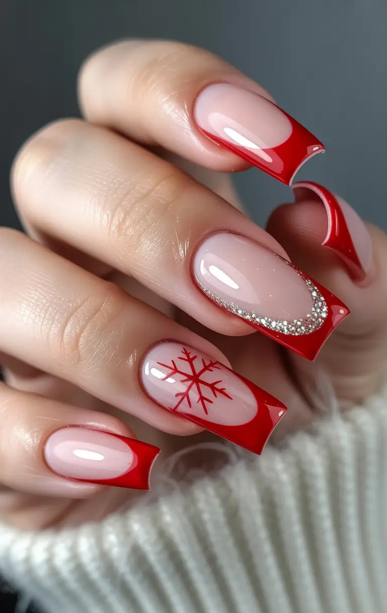 christmas nails Classic Scarlet Snowflake French