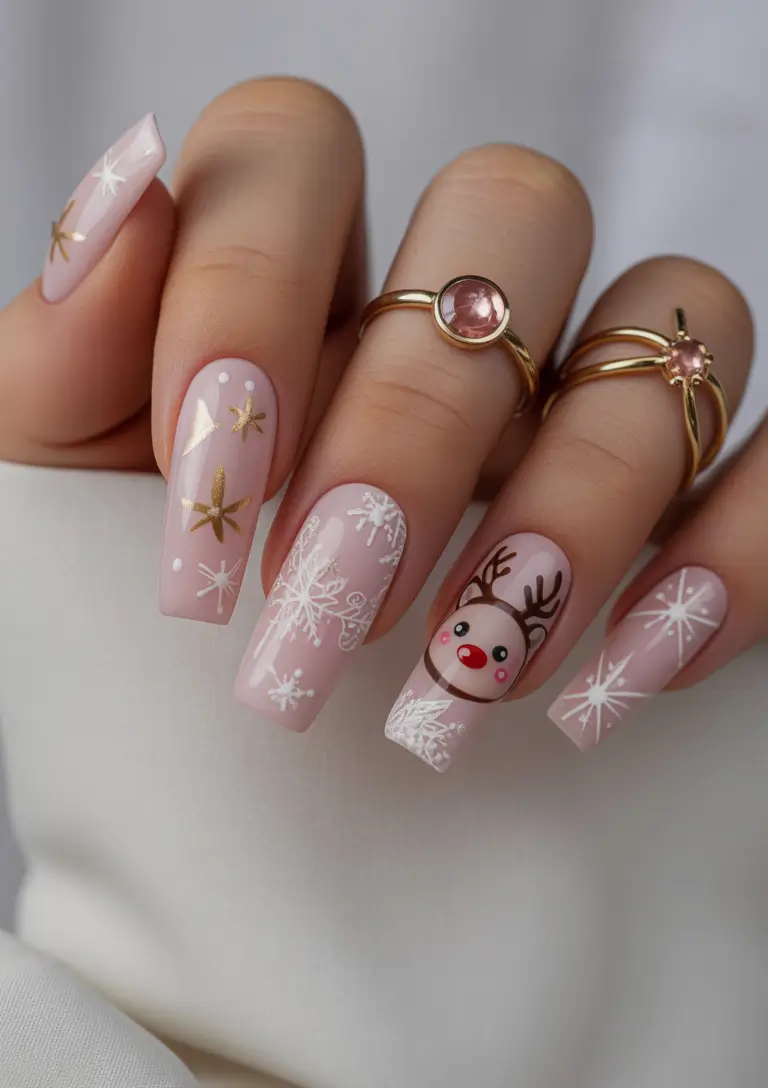 christmas nails Pastel Pink Magic with a Touch of Whimsy