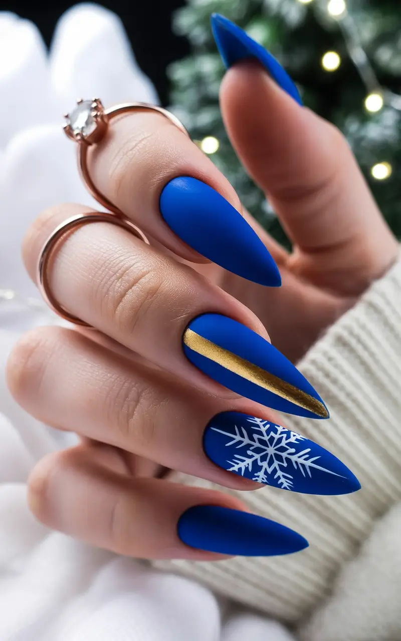 christmas nails Midnight Blue Frost with Golden Lines