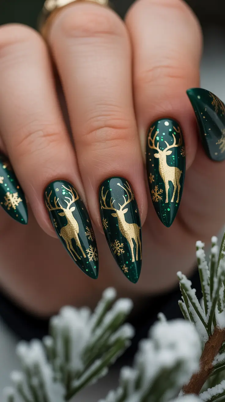 christmas nails Emerald Enchantment with Golden Reindeer