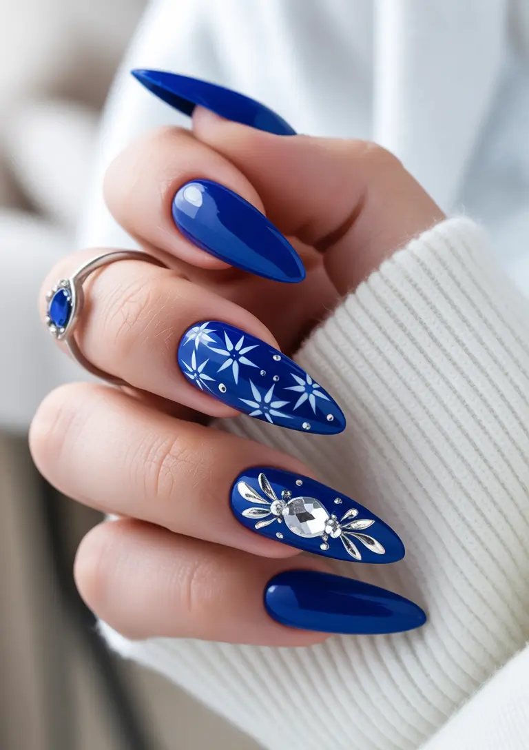 christmas nails Royal Blue Snowflake Sparkle