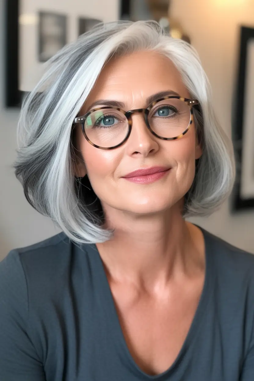 cute winter haircuts Women Classic Silver Bob with Dark Roots