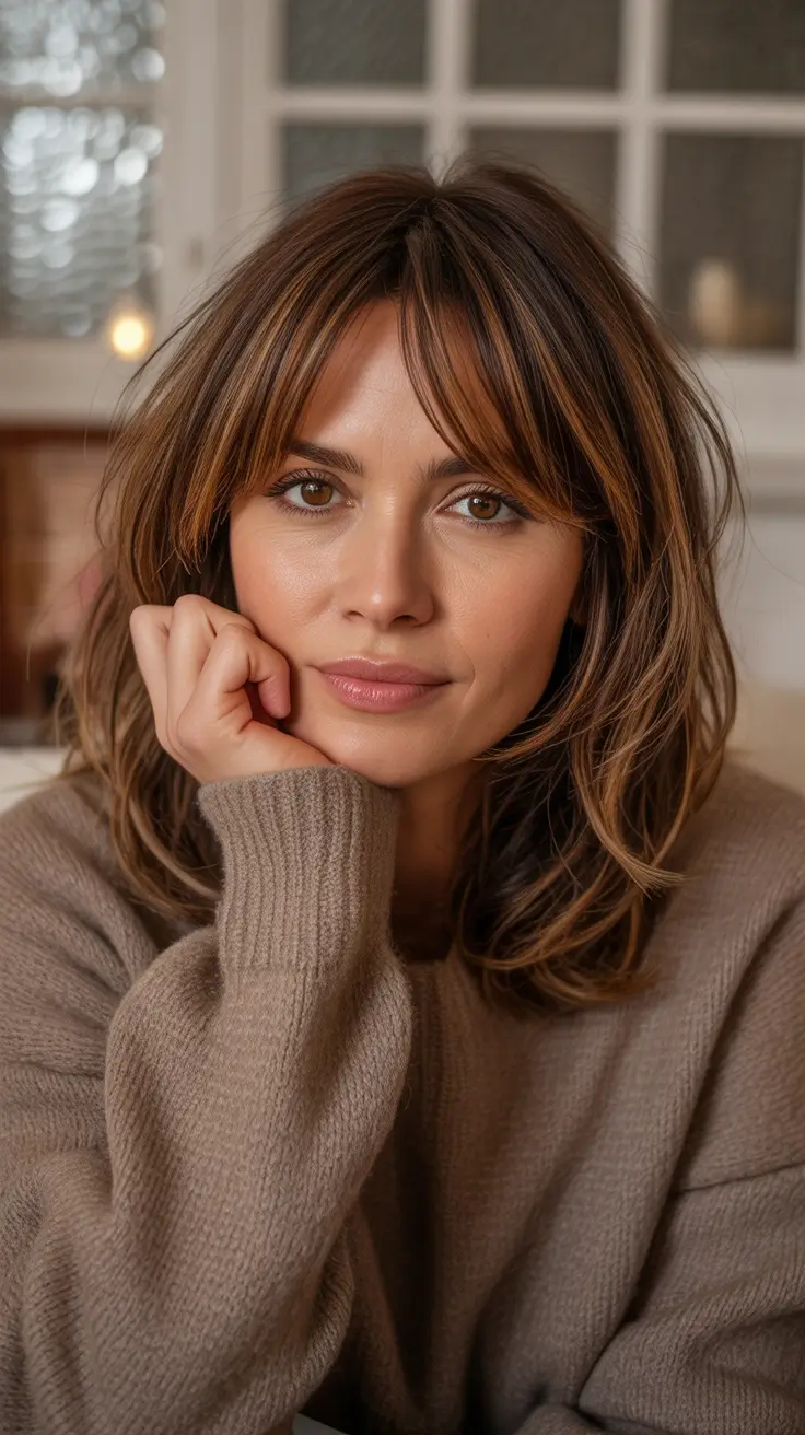 cute winter haircuts Women Layered Medium Cut with Curtain Bangs