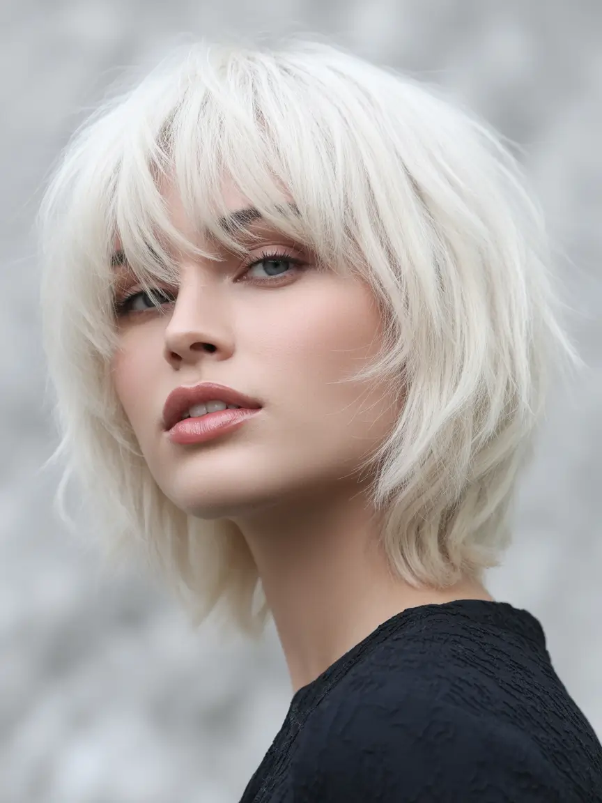 cute winter haircuts Women Feathered Platinum Shag