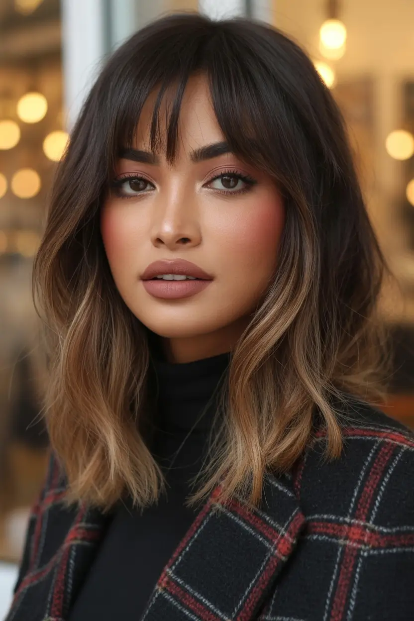 cute winter haircuts Women Ombré Lob with Curtain Bangs