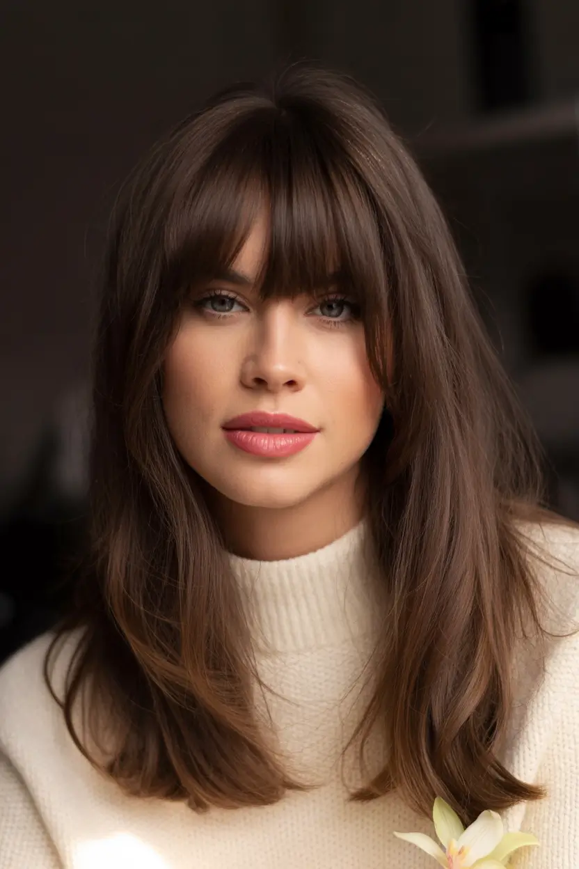 cute winter haircuts Women Full Fringe with Chocolate Length