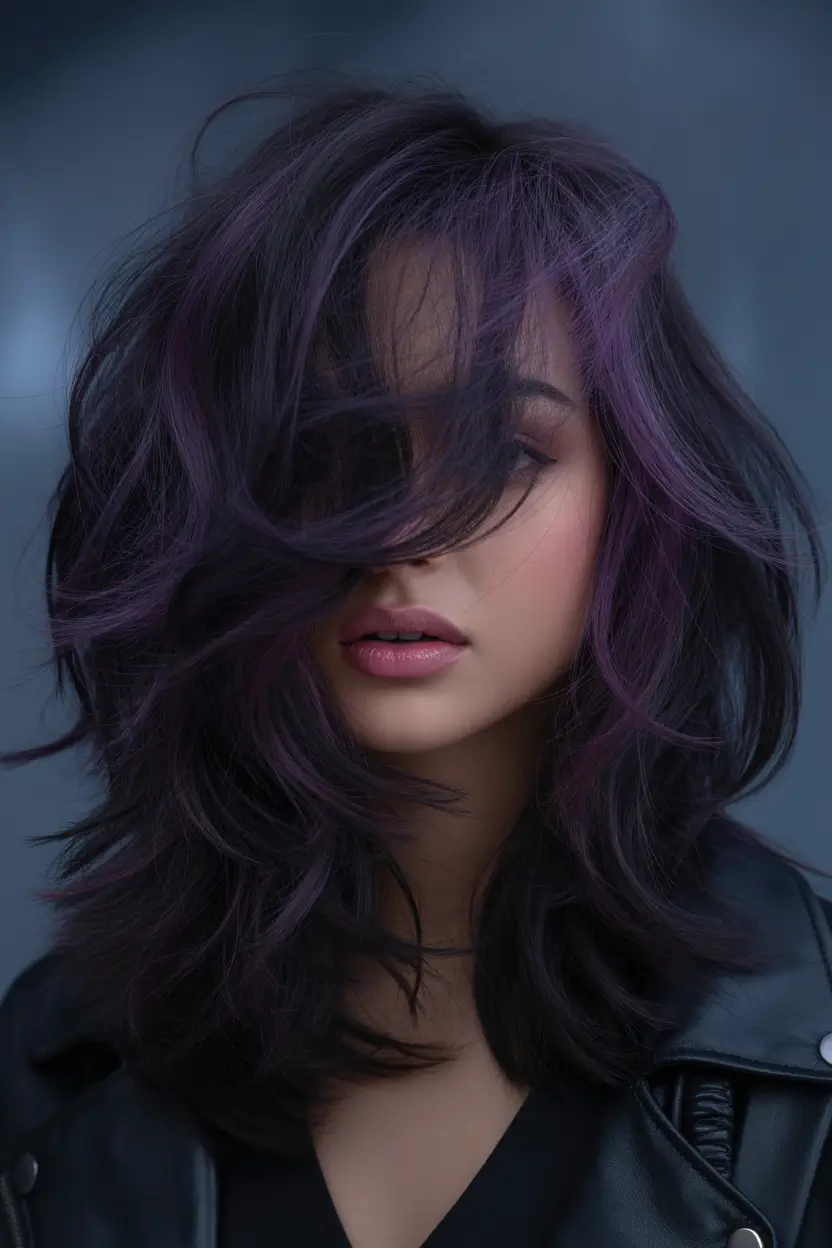 cute winter haircuts Women Dark Base with Violet Highlights
