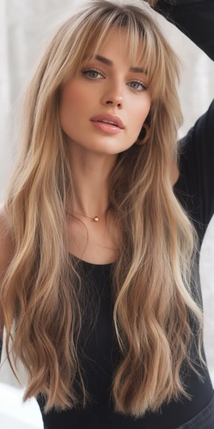cute winter haircuts Women Golden Waves with Wispy Bangs