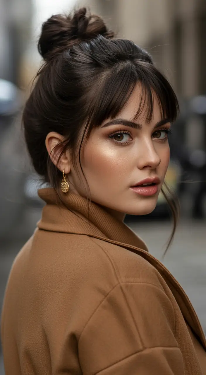 cute winter hairstyles Soft Bun with Wispy Bangs