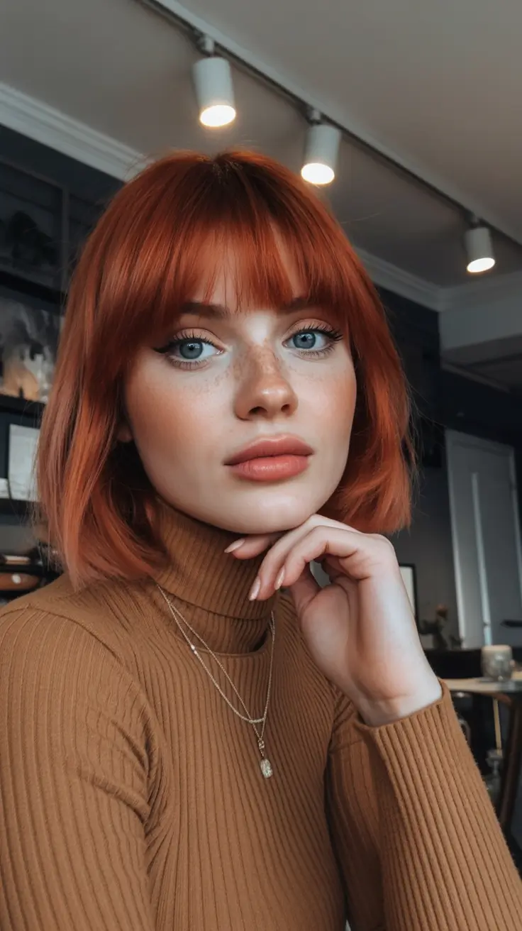 cute winter hairstyles Copper Chic Bob with Blunt Bangs