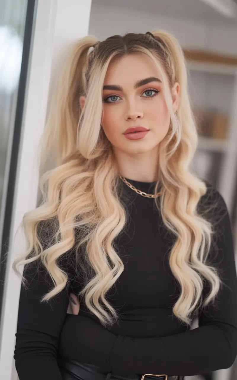 cute winter hairstyles Playful Blonde Pigtail Waves