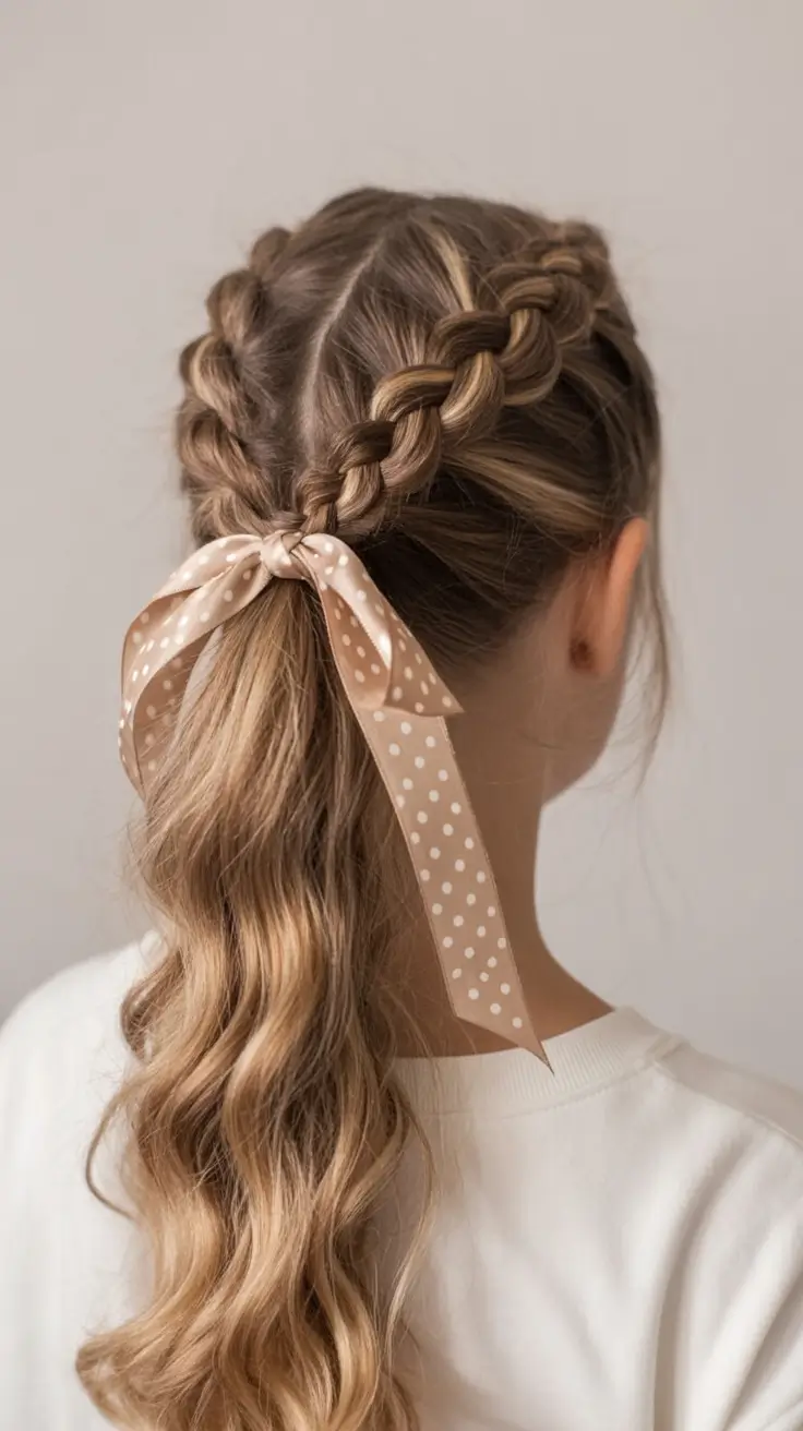 cute winter hairstyles Romantic Braided Ponytail with Ribbon