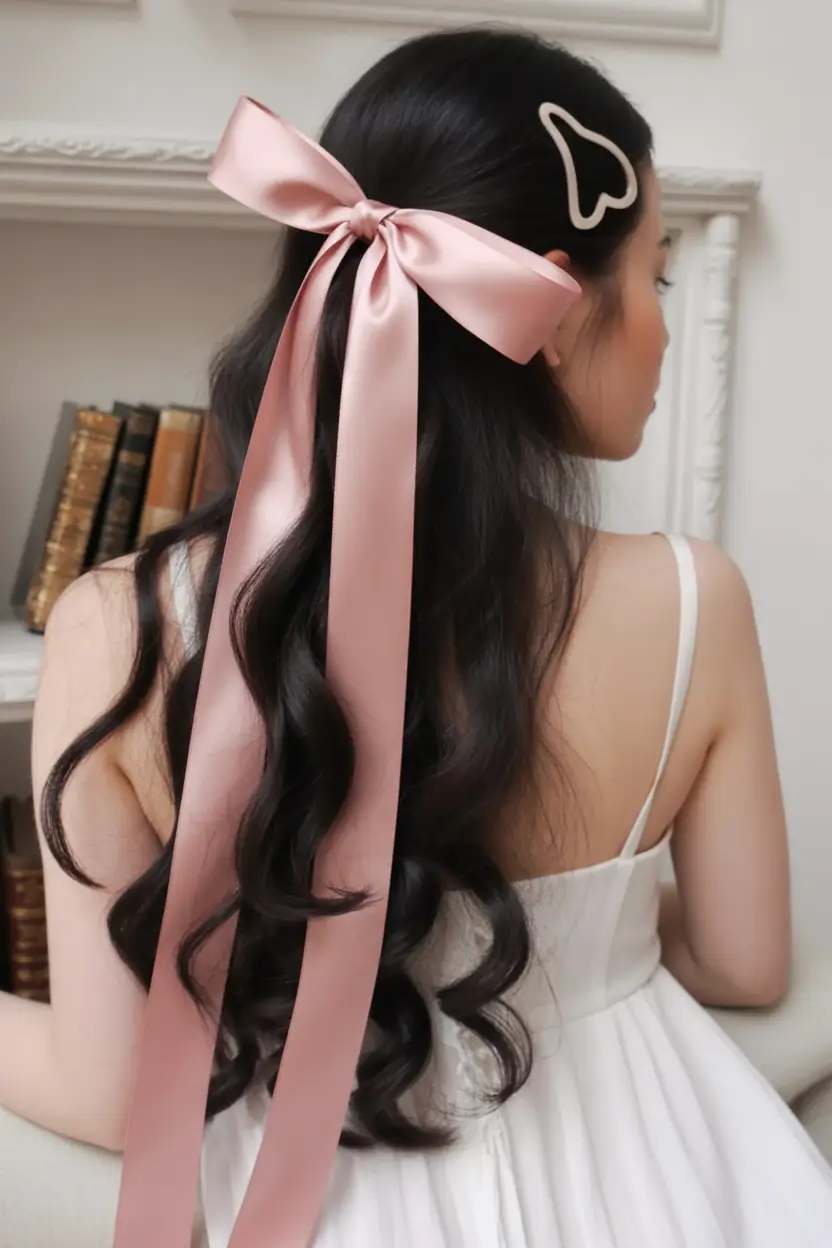 cute winter hairstyles Elegant Half-Up Hairstyle with Satin Bow