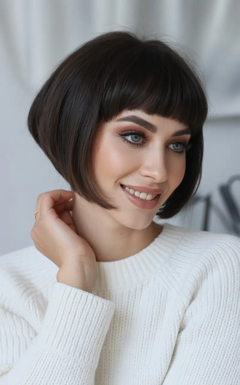 cute winter hairstyles Classic Sleek Bob with Bangs
