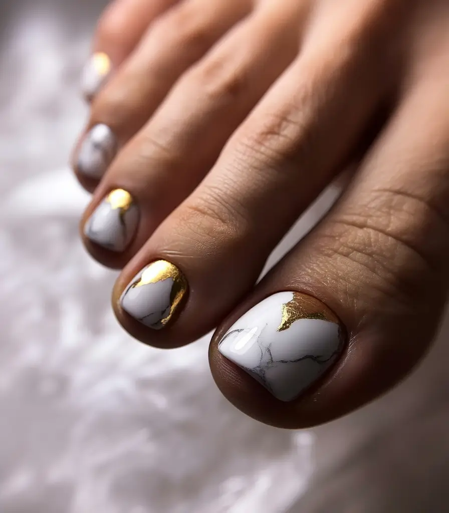 Winter Nails Toe White Marble Glam