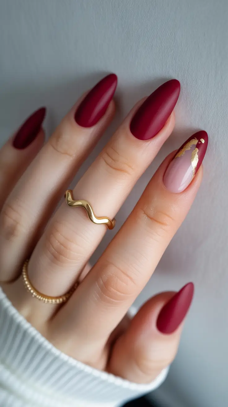 Dark Winter Nail Colors Burgundy Elegance with a Golden Whisper