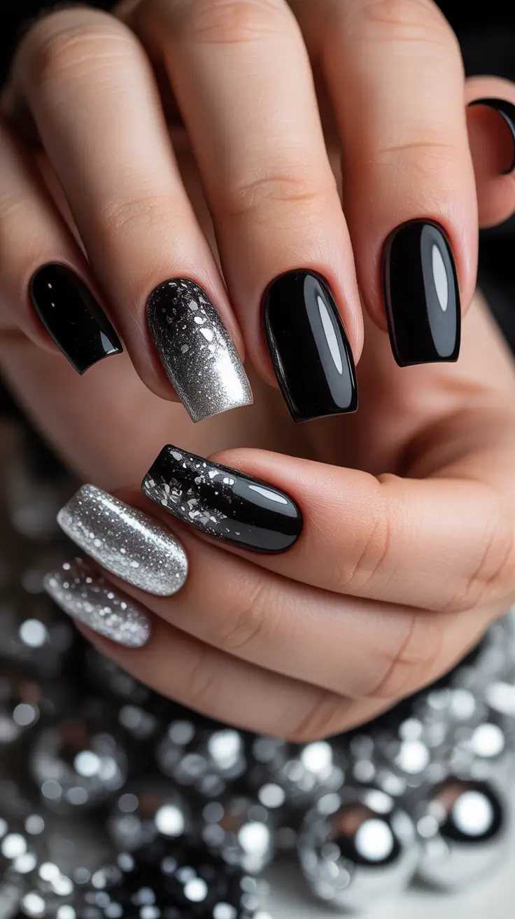 Dark Winter Nail Colors Black and Silver Dimension