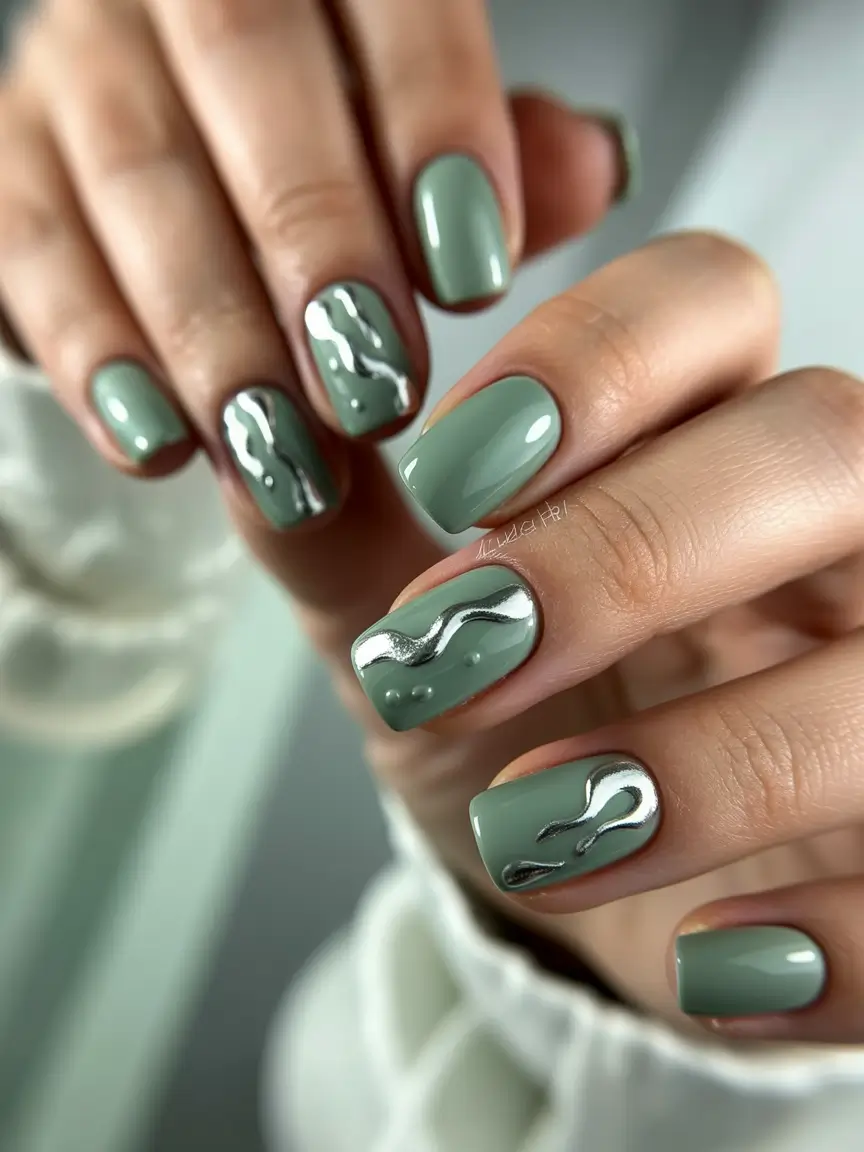 cute winter nails Sage Melt with Silver Lines