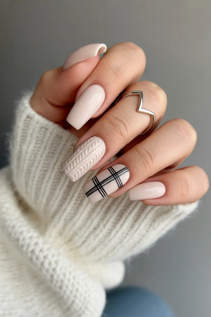 cute winter nails Cozy Knit & Plaid Neutrals