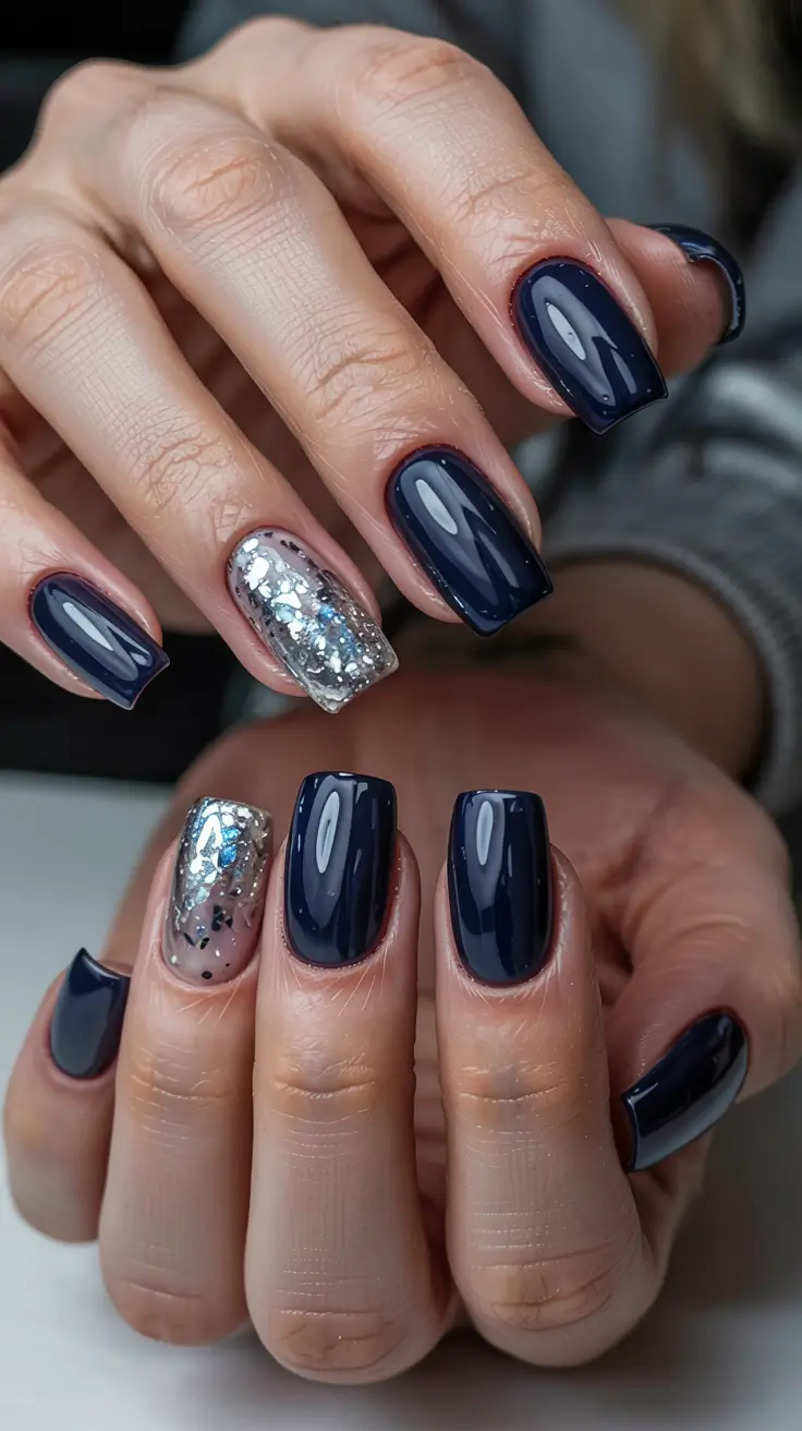 cute winter nails Midnight Spark and Glittered Frost