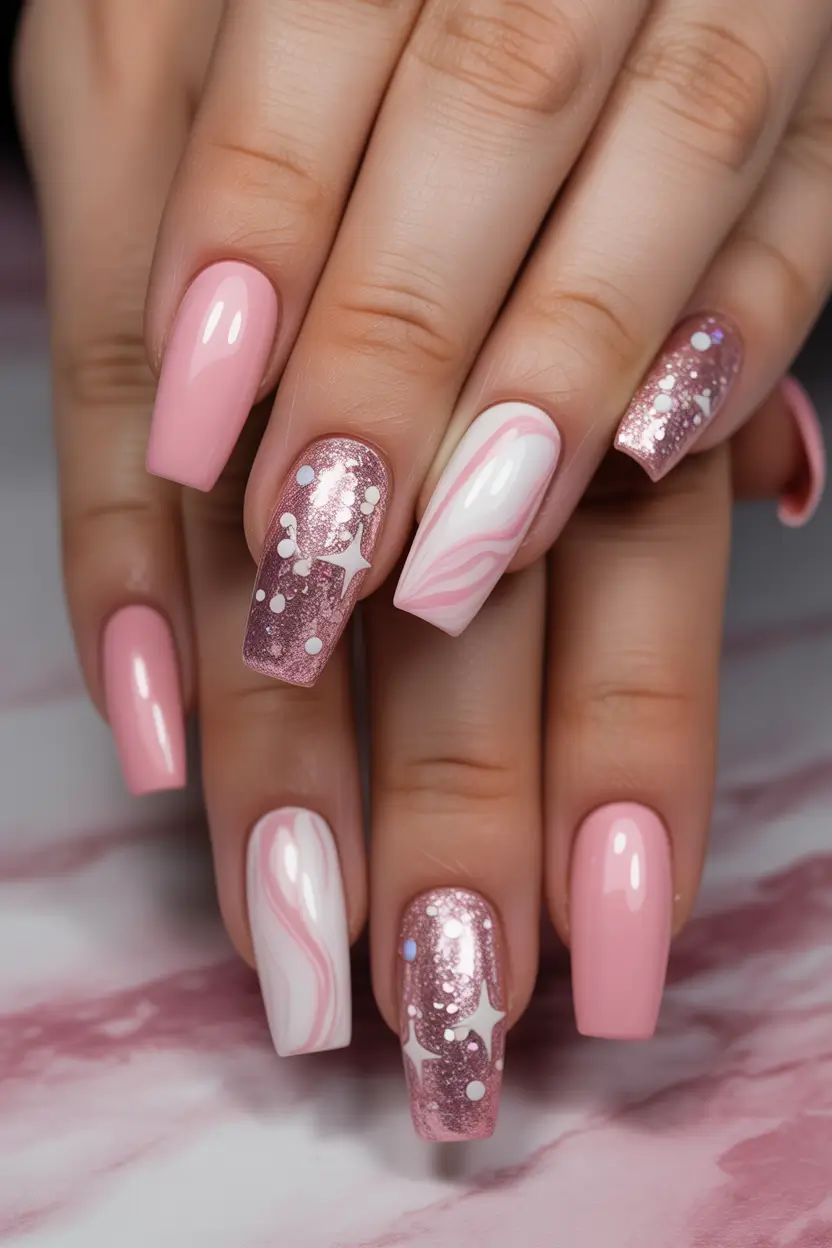 cute winter nails Rosy Marble Glam