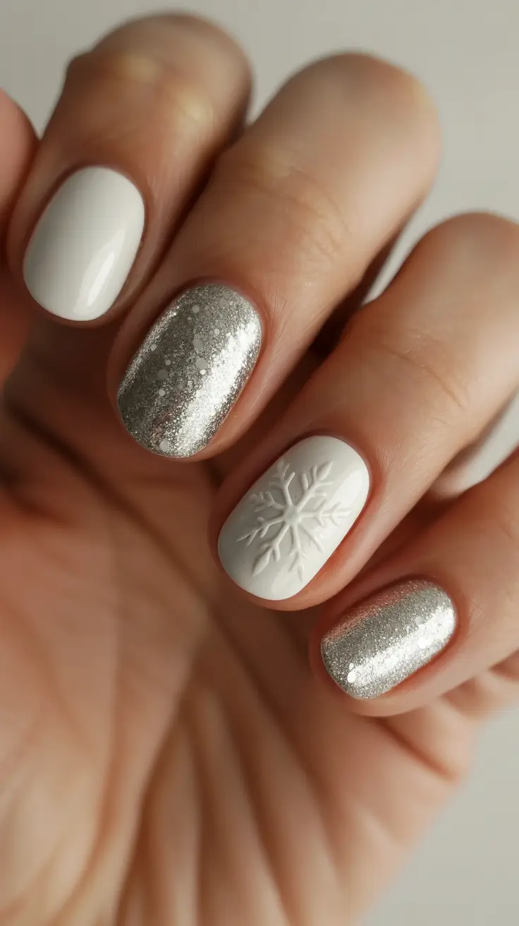 cute winter nails Silver Snowflake Elegance