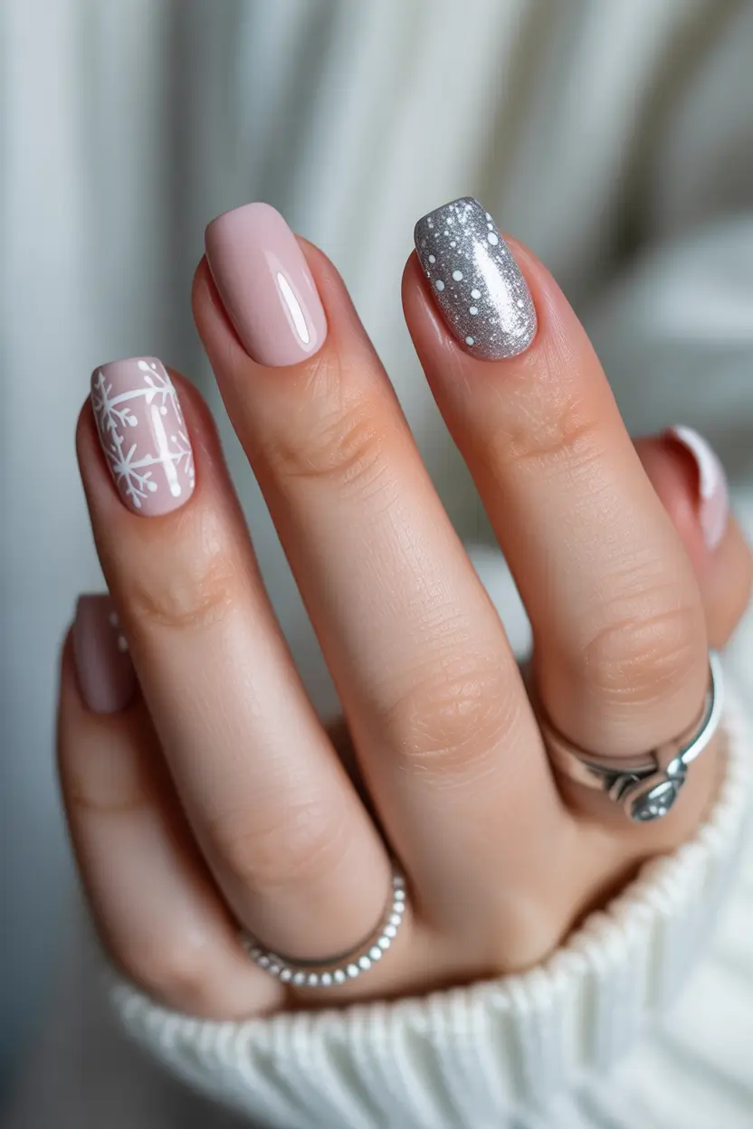 cute winter nails Snowflake Charm and Silver Spark