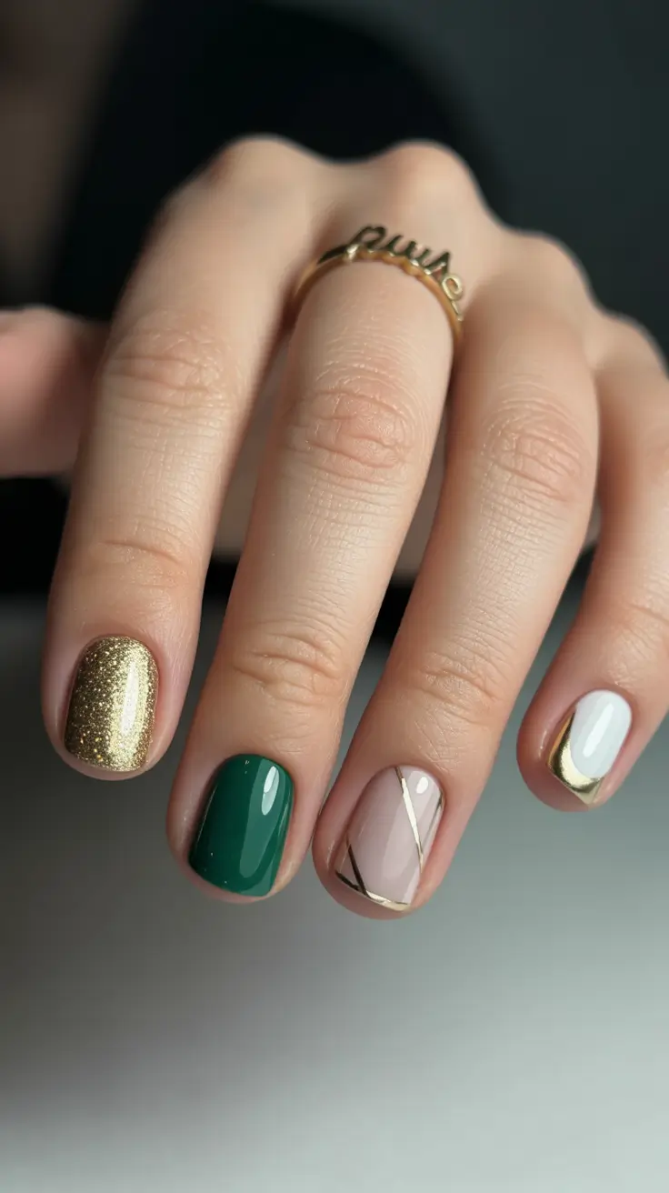winter-nails-ideas-2025-2026-Green-and-Gold-Holiday-Mix