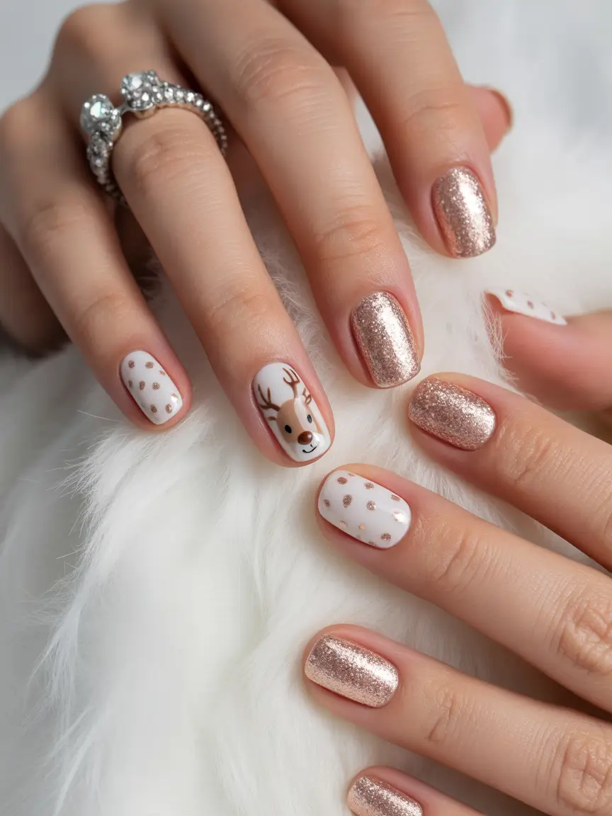 winter-nails-ideas-2025-2026-Rose-Gold-Reindeer-Charm