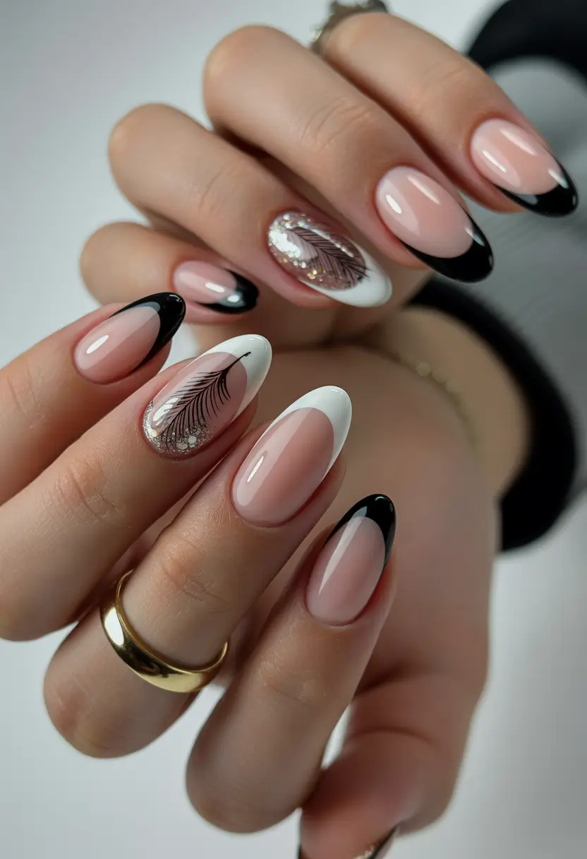 winter-nails-ideas-2025-2026-Feathered-Elegance-in-Black-and-White