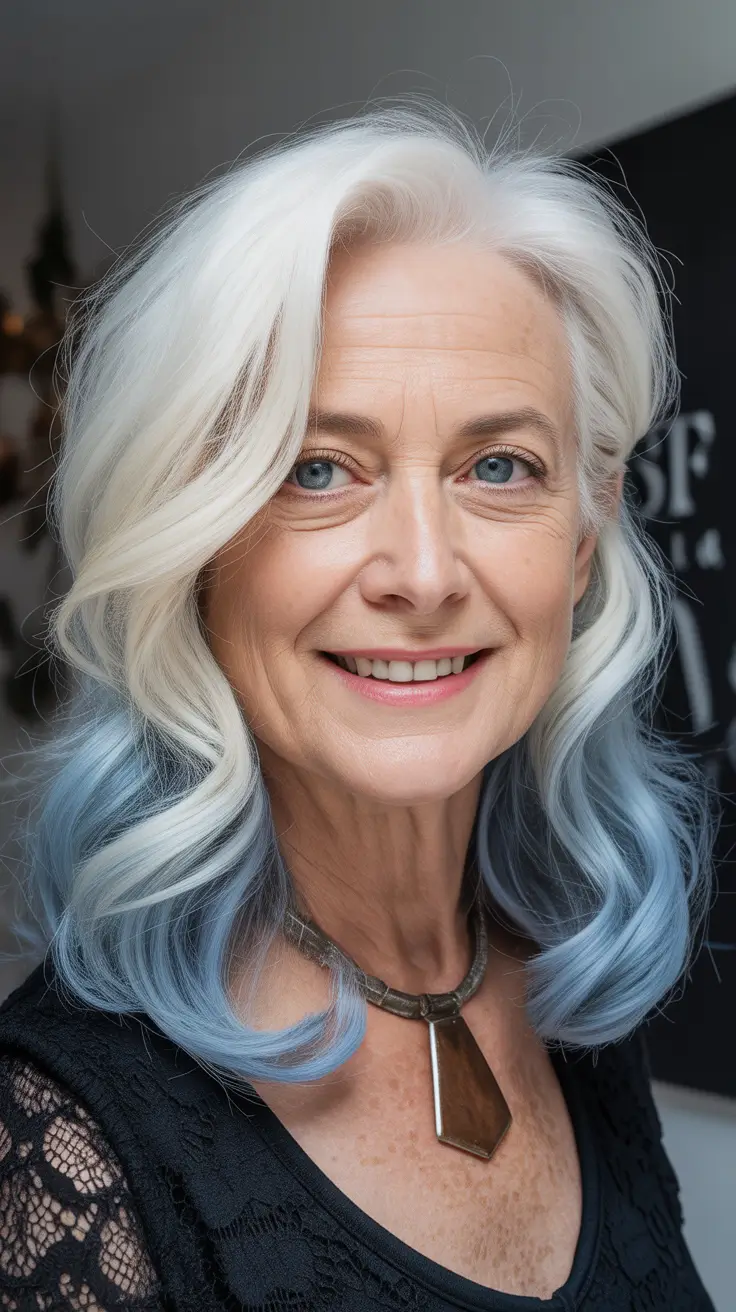 winter-hairstyles-and-color-for-women-over-60-Frosted-Silver-with-Icy-Blue-Tips