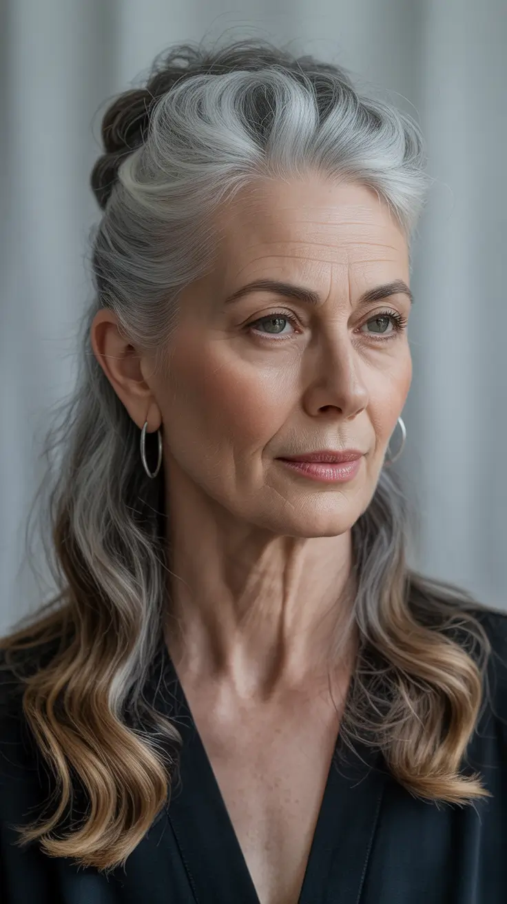 winter-hairstyles-and-color-for-women-over-60-Half-Up-Silver-Ombre-Waves
