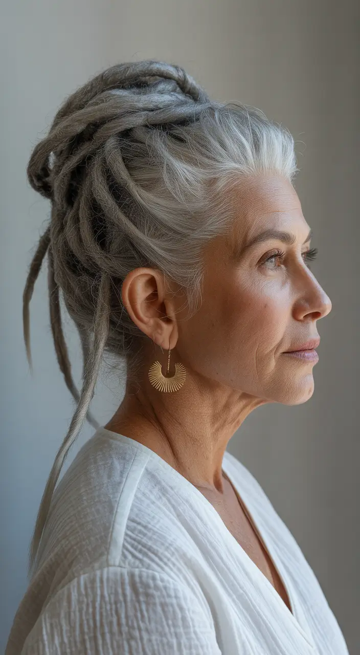 winter-hairstyles-and-color-for-women-over-60-Silver-Dreadlock-Updo