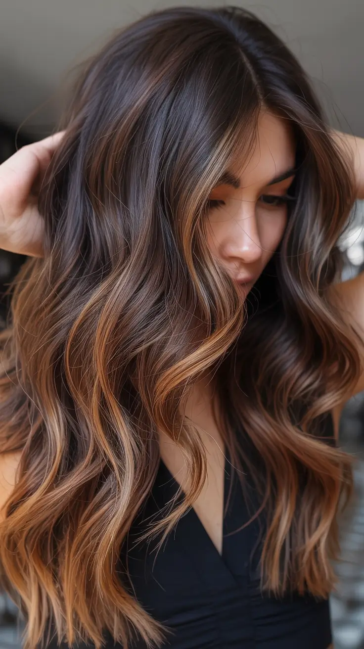 winter hair colors highlights Soft Caramel Melt on Brunette Waves