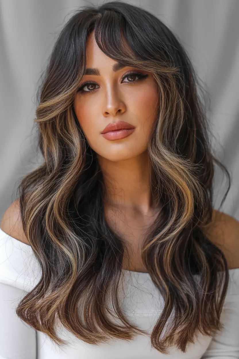 winter hair colors highlights Mocha Swirl with Curtain Bangs