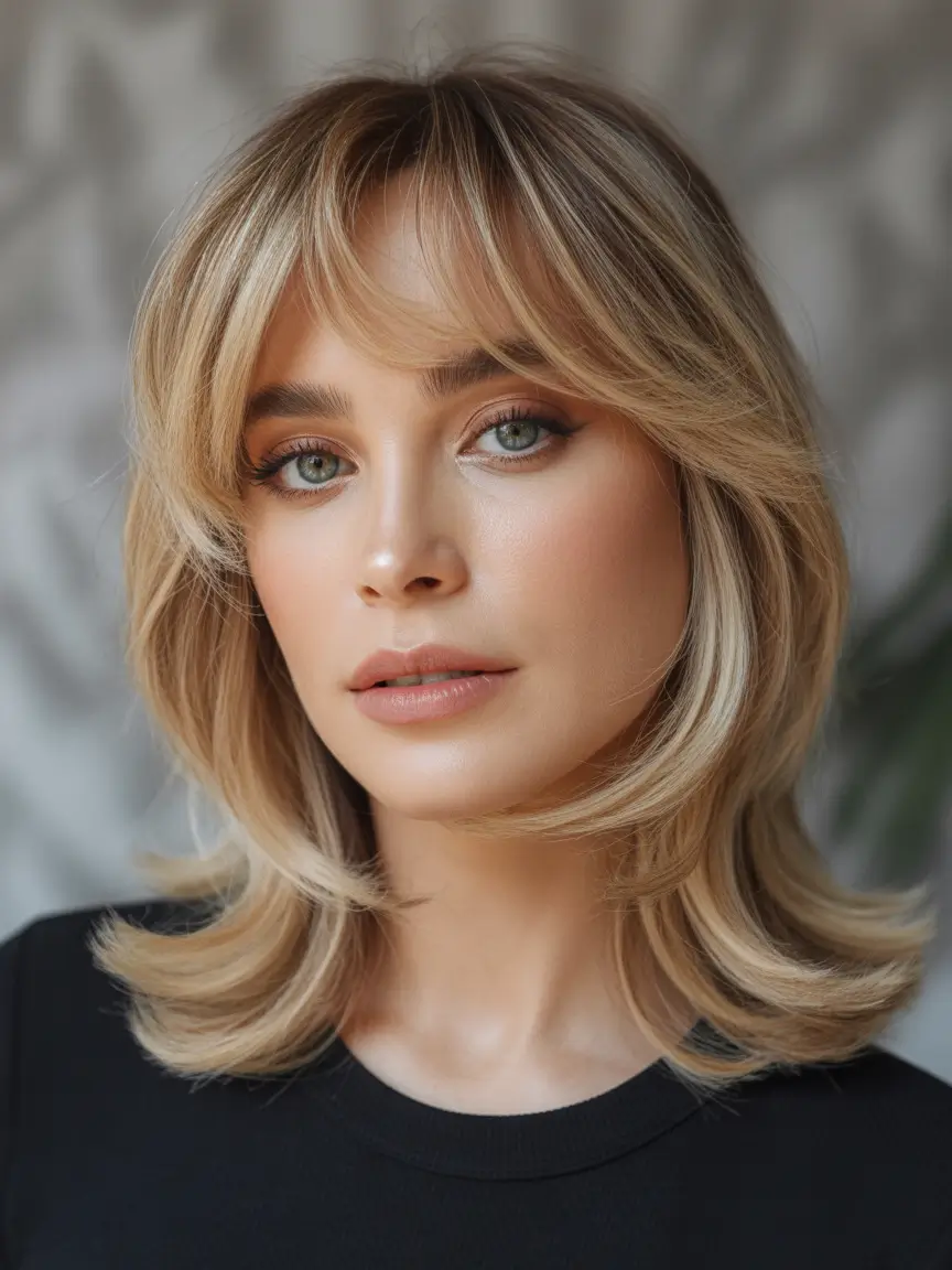 winter medium haircut Bronde Mid-Length Layers with Soft Curtain Bangs