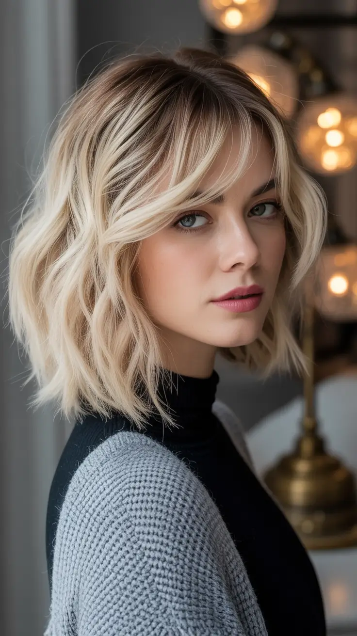 winter medium haircut Soft Blonde Bob with Effortless Waves