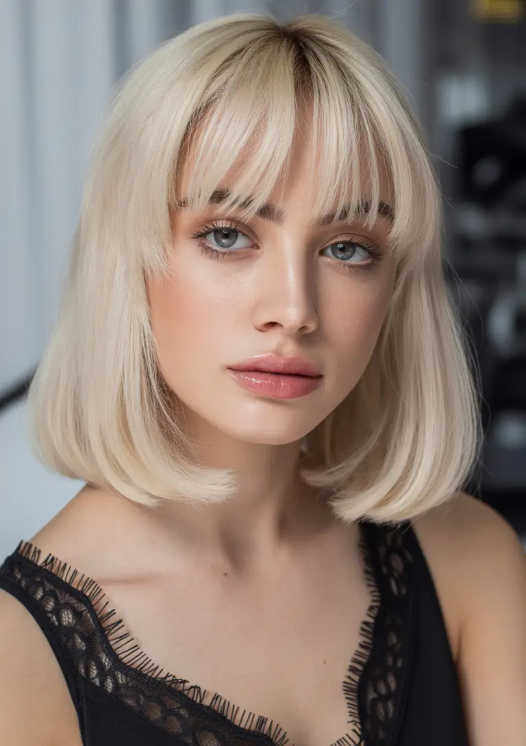 winter medium haircut Chic Blonde Bob with Baby Bangs