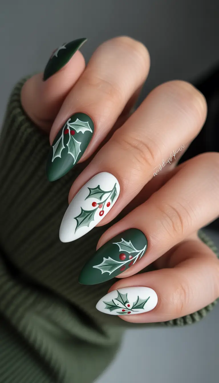 winter acrylic nails Evergreen Elegance - Classic Holly-Inspired Winter Acrylic Nails