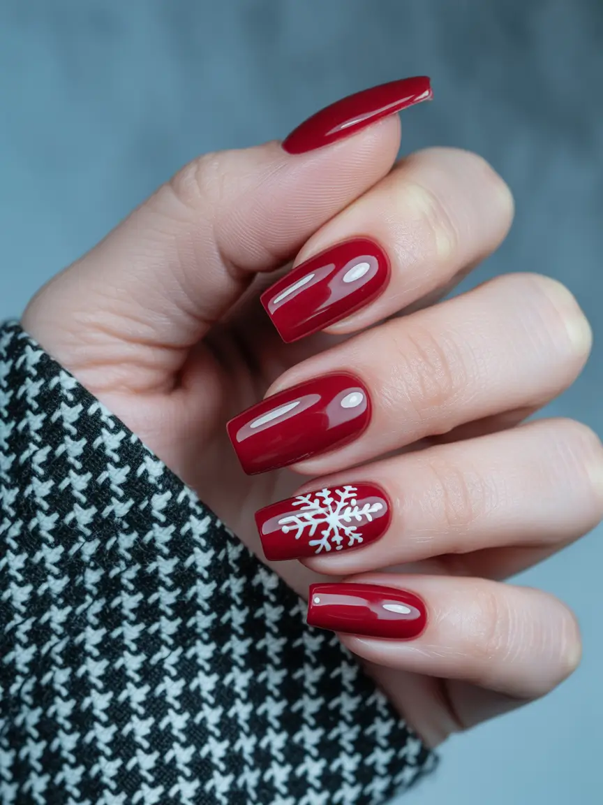winter acrylic nails Crimson Frost - Timeless Red with a Snowflake Twist